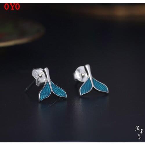 S925 sterling silver enamel fish tail earrings