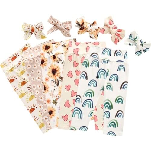 Newborn Baby Pants Floral Rainbow Print Baby Girl Clothes Spring Autumn Toddler Boys Trousers Cotton Soft Toddler Pants Headband