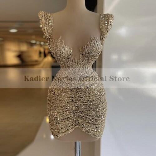 Sexy Mini Champagne Cocktail Dresses 2021 Arabic Crystal Beads Sequin Prom Party Dress vestidos de noche vestidos de fiesta