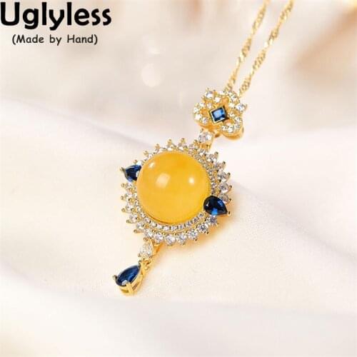 Uglyless Elegant Lady Sparkly Crystals Necklaces Women Luxury Chicken Oil Amber Beeswax Pendants 925 Silver Vogue Jewelry +Chain