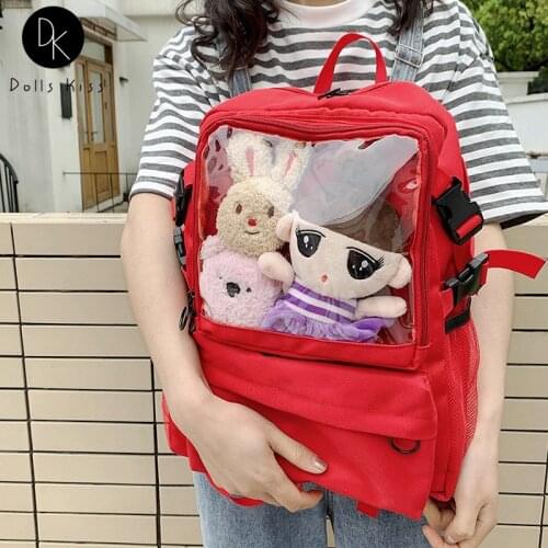 Women Kawaii Ita Backpack for Teenager Girl Waterproof Nylon School Backpack Clear PVC Bag for Badges Dolls Casual Shoulder Bag