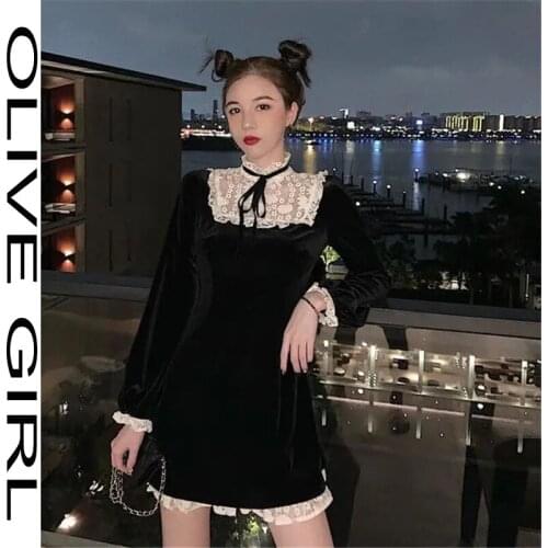 Japanese Lace Dress Victorian Vintage Gothic Lolita Dress Girls Patchwork Lace-up Stand Collar Velvet Mini Women Punk Dresses