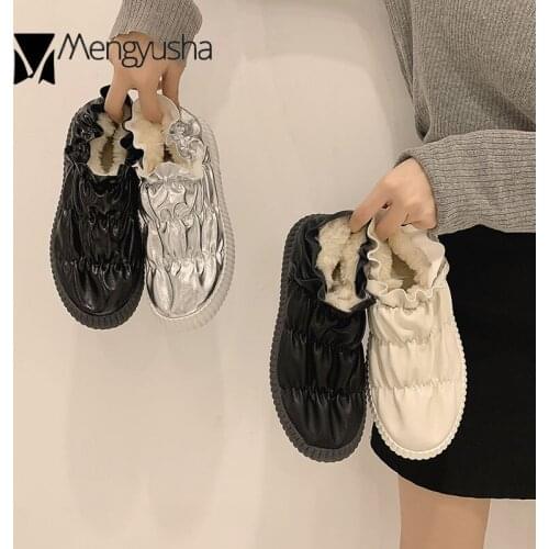 Creepers High-top winter cotton shoes woman mirror silver plush flats furry moccasins slip on fleeces fur pleated loafers 2020