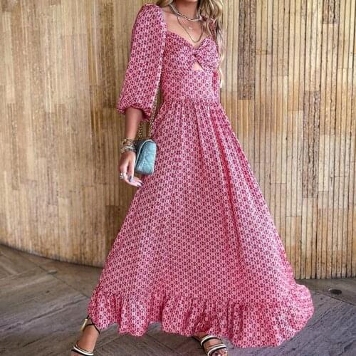 Boho Long Maxi Dresses for Women Summer 2021 Elegant Ruffled Hollow Out Long Sleeve Print Holiday Dress Beach Wear Vestidos