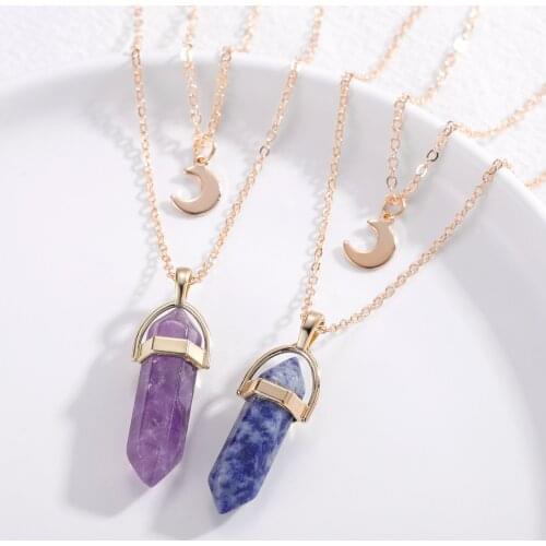 Natural Stone Moon Choker Necklace Crystal Pendant Necklace For Women Fashion Hexagonal Column Quartz Necklaces Jewelry Gift