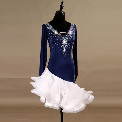 Custom Women Long Sleeve Blue Latin Dance Dress Salsa Samba Competition Dresses Rumba Tango Performance Dancing Wear