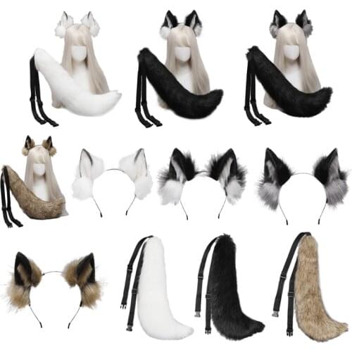 2021 Women Lolita Plush Hair Ornaments Wolf Ears Long Tail Set Hair Accessories Halloween Party Hair Hoop Cosplay Fancy Props
