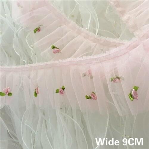 9CM Wide Luxury 3D Rose Pleated Lace Collar Neckline Applique Embroidery Ribbon DIY Crafts Handmade Curtains Sewing Supplies