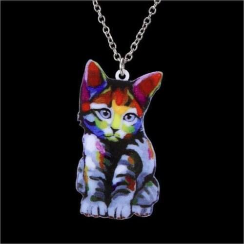 Acrylic coloured drawing cat necklace-Drop shipping
