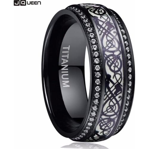 Black Carved Flower Dragon Luminous Titanium Steel Tungsten Ring For Men Stainless Steel Ring For Boyfriend Husband Gift