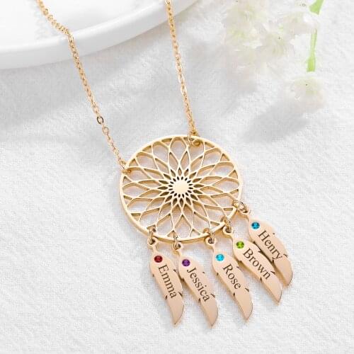 Custom Dream Catcher Name Necklace With Birthstone Personalized Feather Names Necklaces Indian Mandala Lotus Jewelry For Family