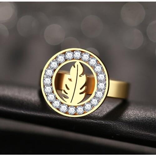 CACANA High Quality Fashion Crystal Feather Classical Stainless Steel Rings For Women Jewelry Gift R205