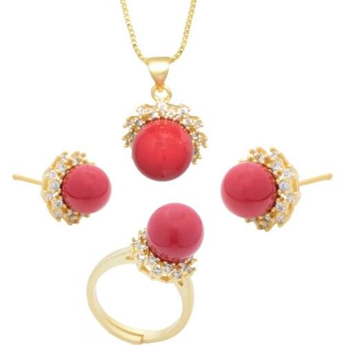Fashion Palace Style Red Shell Beads Necklace Earrings Ring Set Elegant Flower Pattern Wedding Jewelry