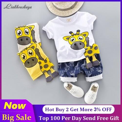Girl Baby Clothing Set For Boys 2020 New Girls Cute Summer Casual Clothes Set Giraffe Top Blue Shorts Suits Kids Clothes 1-4 Y