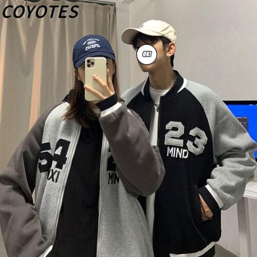 COYOTES Mens Jackets Coats Pocket Zip Up Bomber Jacket Men Baseball Coat Unisex BF Harajuku Korean Style Streetwear Loose