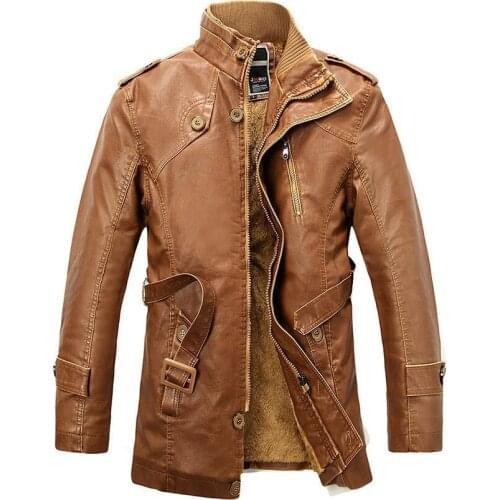 Winter PU Leather Jacket men long wool leather Standing Collar Jackets Coat Trench parka mens leather jackets and coats