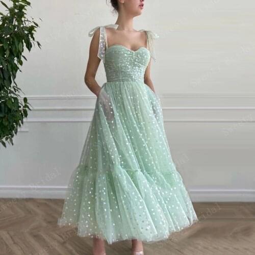 Mint Green Short Prom Dresses 2021 Tied Bow Straps Sweetheart Midi Prom Gowns Pockets Tea-Length Wedding Party Dresses