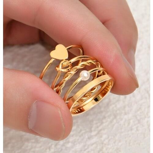 Simple Gold Geometric Pearl Rings Set for Women Fashion Heart Finger Rings Party Jewelry Gifts