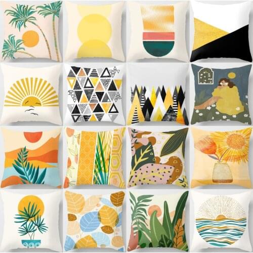 ZENGIA Nordic Sun Moutain Cushion Cover Gold Plant Geometric Leaves Pillow Cover For Livingroom Velvet Throw Pillows For Sofa