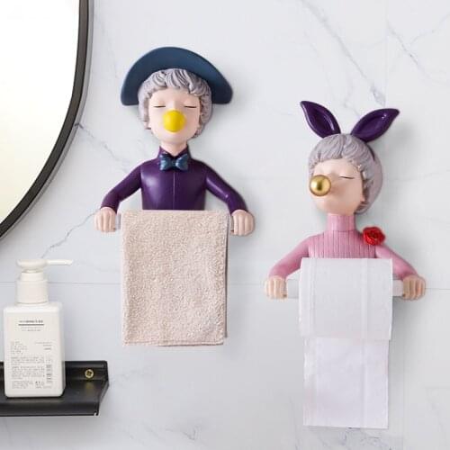 Nordic Creative Resin Girl Roll Paper Towel Rack Home Living Room Bathroom Free Punch Wall-mounted Tissue Box Towel Storage Rack