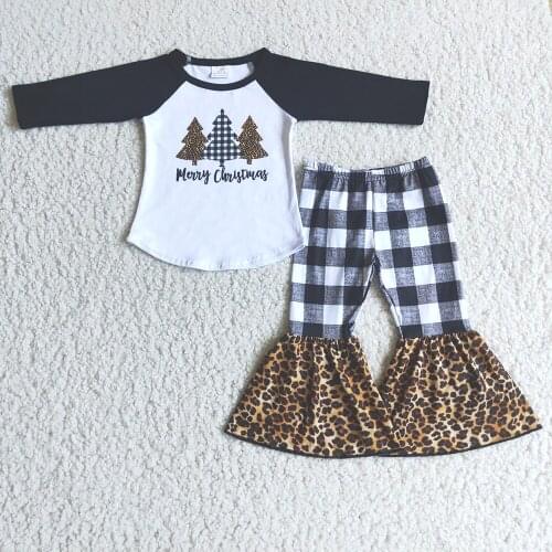 New arrival christmas tree outfits baby girls letter tops+plaid leopard flare pants 2 pcs set kid childrens clothing suits