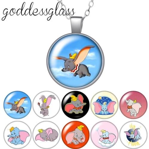 Disney Cute cartoon Dumbo Elephant Round Glass glass cabochon silver plated/Crystal pendant necklace jewelry Gift
