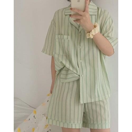 Pajama Suit 2020 Summer Korean Loose Suit Collar Short Sleeve Shirt Stripe Elastic Shorts Pajama Womens Two Piece Set Homewear