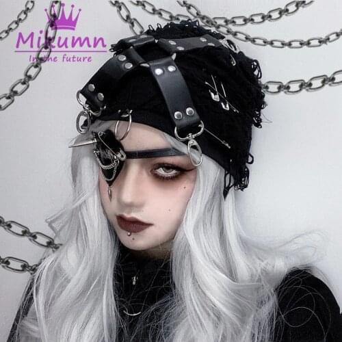 Gothic Grunge Punk Black PU Metal Buckle Hollow Out Knitted Beanies Hat Hip Hop Caps Chic Streetwear