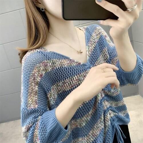 Knitted Sweater 2021 New Spring V-Neck Sexy Wild Sweater Autumn Blouse Bottoming Shirt Thin Loose Women Blouse Femme Pullover