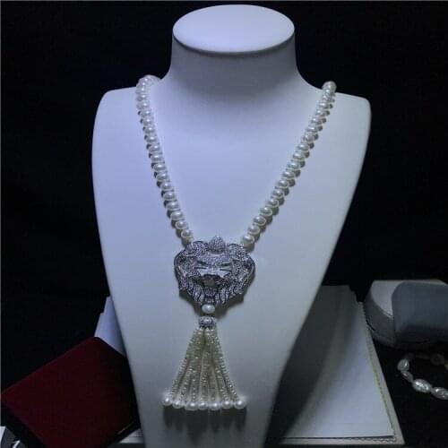Womens fashion jewelry micro inlaid zircon lion accessories freshwater pearl necklace tassel pendant long sweater chain