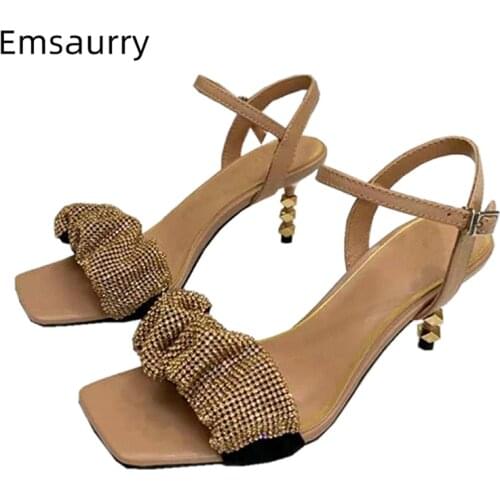 Pleated Rhinestone Ankle Strap Sandals For Girls Women Rivet Decor Thin High Heels Real Leather Summer Shoes Woman