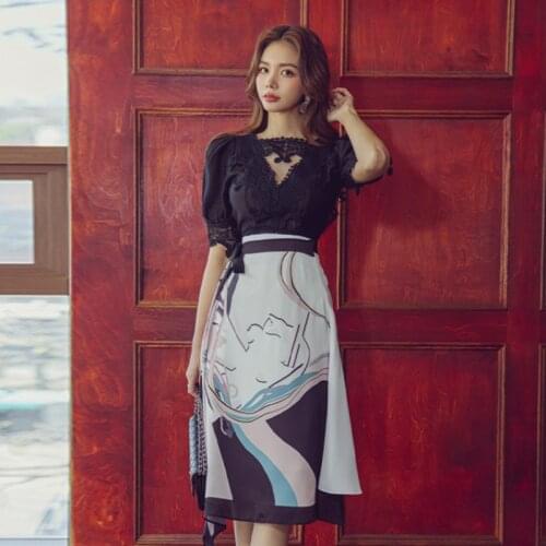 Vintage Short Sleeve Short Top Women Casual Elegant High Waist Midi Skirt Puff Sleeve Crop Lace Hollow Shirt Blouse 2 Pieces Set