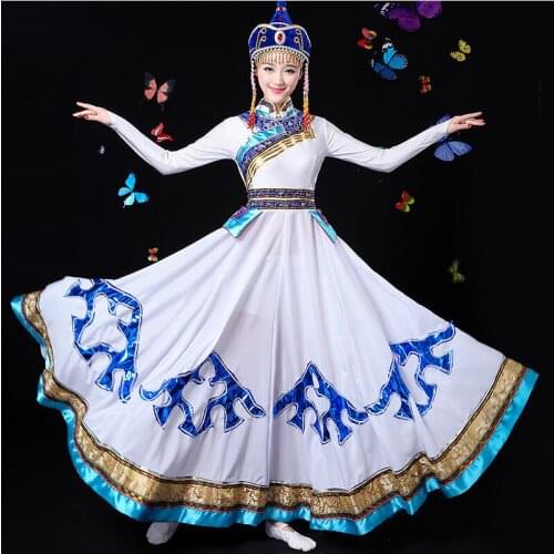 New dancer garment Mongolian Dance Costumes Female Performance Wear long dress Women robe Chinese folk dance Clothes with Hat