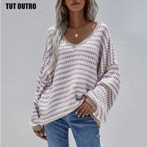 Women Fashion Top Knitted Sweaters Long Sleeve Autumn Casual Pullovers Loose Streetwear 2021 Female Model Stripes V-neck Sweater