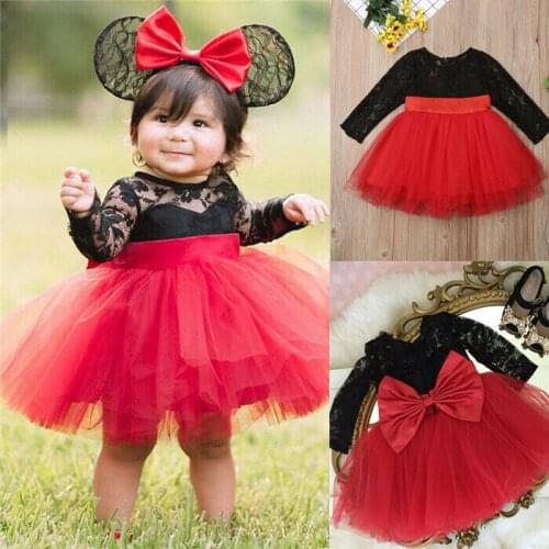 2020 Brand New Christmas Princess Infant Kid Baby Girl Party Dress Bow Lace Chiffon Patchwork Long Sleeve Knee-Length Tutu Dress