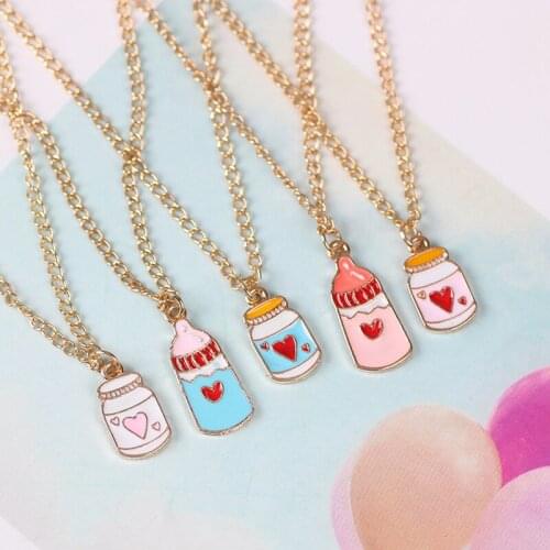 2020 New Cartoon Milk Bottle Necklace Blue Strawberry Yogurt Bottle Shape Pendant Necklace Childrens Birthday Gift