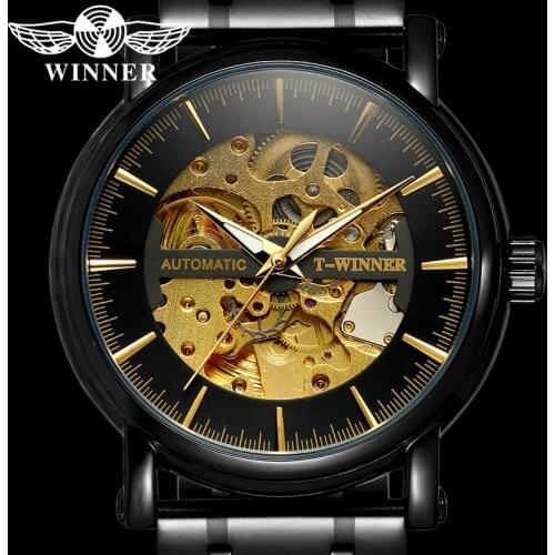 WINNER Automatic Mechanical Men Wristwatch Military Army Sport Male Clock Top Brand Luxury Black Gold Skeleton Man Watch 8169