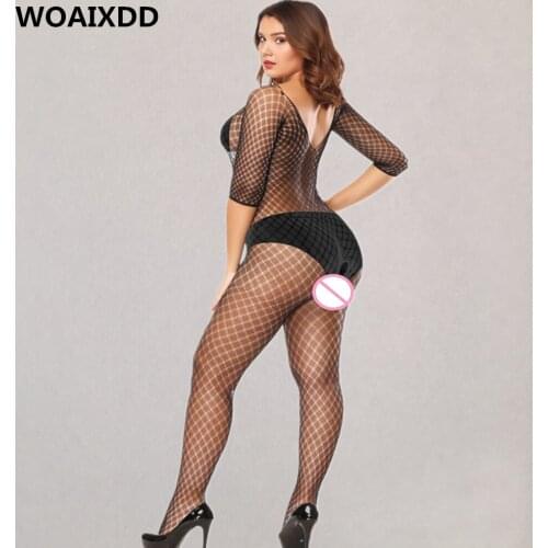 Plus Size Open Crotch Full Body Stockings Erotic Transparnt Teddies Babydoll Underwear Sexy Fishnet Lace Pantyhose Porn Clothes