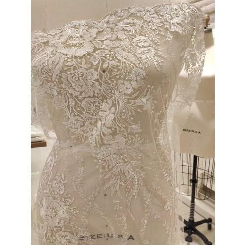 Sequins bridal lace fabric tulle lace alencon lace fabric fashion wedding dress ivory fabric 135cm width Sell For Yard