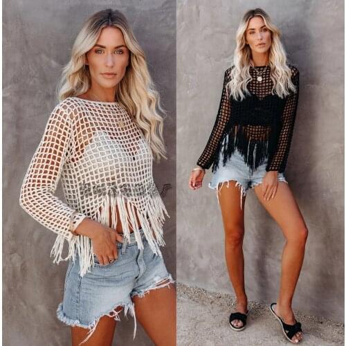 Swimsuit Cover Up Spring/summer 2021 Knitted Womens New Splicing Hollow Woven Bikini Shirt Beach Dress Cover Up Donsignet