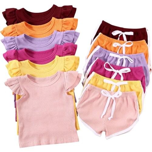 2020 Summer Infant Baby Girls Boys Clothes Sets Ruffles Short Sleeve Pullover T Shirts Shorts Solid Outfits