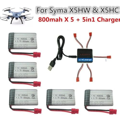 3.7V 800mAh LiPo Battery for SYMA X5hw x5hc RC Drone Quadcopter + AC 5in1 Charger Spare Parts Set