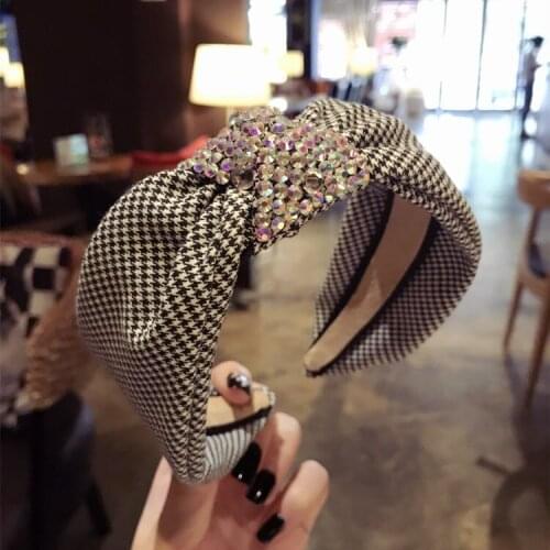 Fashion High-end hair accessories sweet houndstooth diamond in the middle knot knotted wide-brimmed hairband headband for women