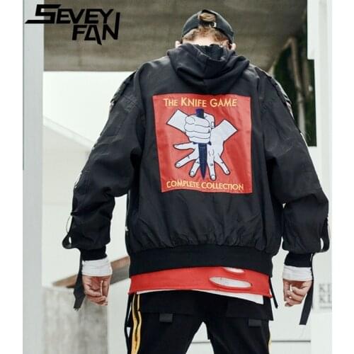 SEVEYFAN Mens Hip Hop Baseball Jackets Long Ribbons Printed Coat Fashion Oversize Windbreaker Jacket