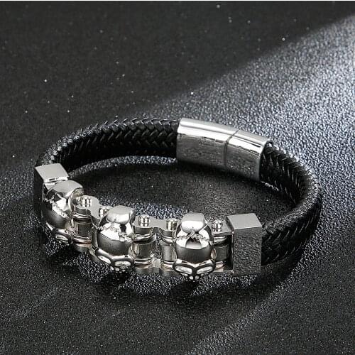 HAOYI Stainless Steel Cowhide Polygon Skull Personality Bike Charm Bracelet Punk Style