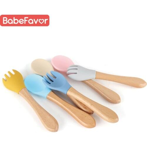 Baby Spoon and Fork Set Silicone Food Grade Wood Easy to Rinse Rubber Dinnerware Tableware Infant Kid Food Feeding Spoon Fork