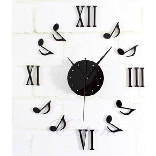 New 1pc Modern DIY Music Note Mirror Surface Wall Clock Sticker Home Office Decor Black