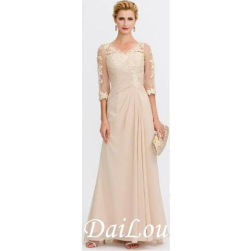 Sheath / Column Mother of the Bride Dress Elegant See Through V Neck Floor Length Chiffon Sheer Lace Half Sleeve with Appliques
