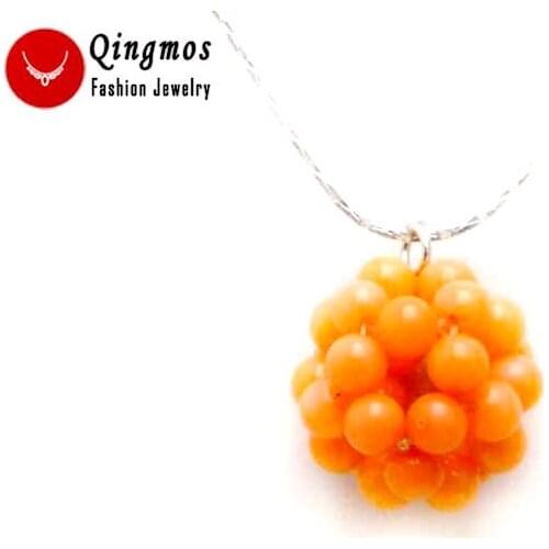 Qingmos Natural 5mm Orange Coral Handwork Weaving 18-20mm Round Ball Pendant Necklace for Women Silver Plated Chain Chokers 17