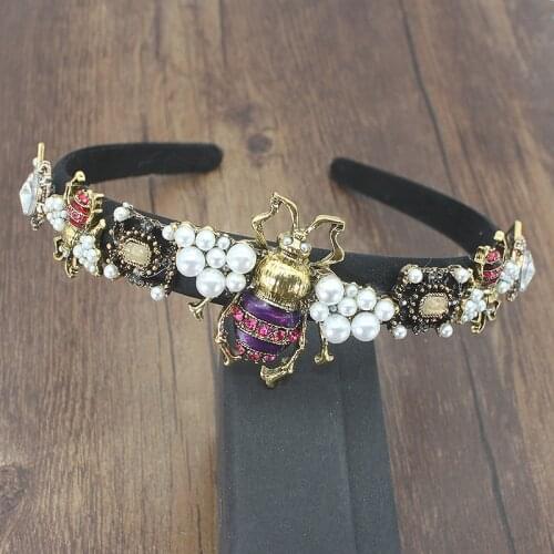Luxury Vintage Pearl Bee Geometric Crystal Hairband Shiny Rhinestone Baroque Gold Hair Band Fashion Female Hair Accessories